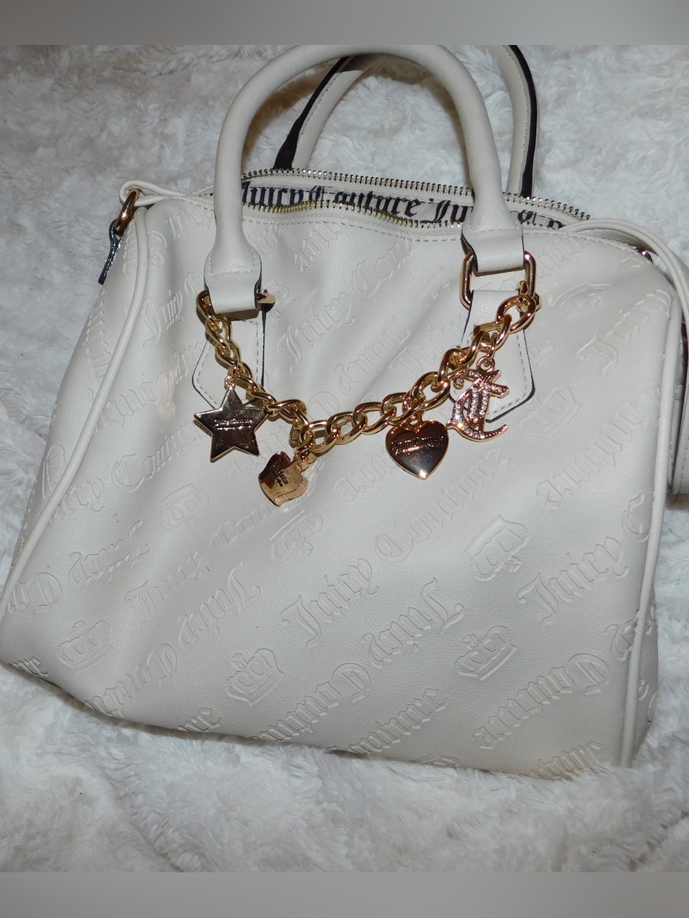 Juicy Couture Cream Embossed Satchel with Gold Charm Chain Accents
